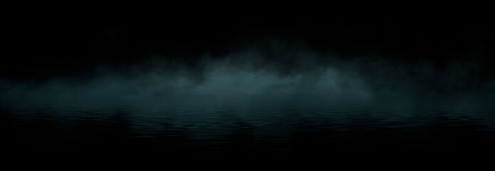 Dramatic dark background. Reflection of light on the water. Smoke Fog, rays, the moon. Empty night scene, landscape, river, clouds. 