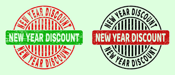 NEW YEAR DISCOUNT bicolor round rubber imitations with unclean surface. Flat vector distress watermarks with NEW YEAR DISCOUNT caption inside round shape, in red, black, green colors.