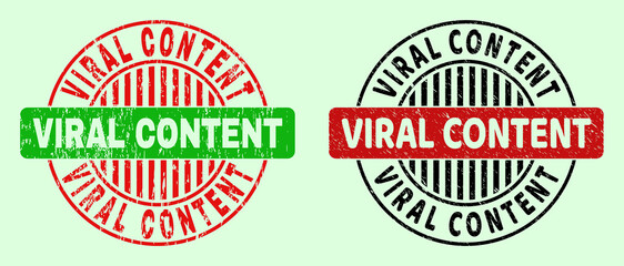 VIRAL CONTENT bicolor round watermarks with grunged surface. Flat vector distress seal stamps using VIRAL CONTENT caption inside circle, in red, black, green colors. Round bicolor seal stamps.