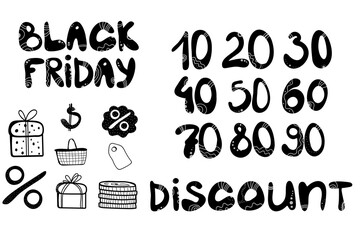 a set of symbols and words for discounts, sale, black Friday, stocks, shops, competitions. interest, gift, discount, label, dollar
