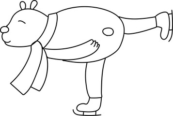 Vector hand drawn doodle polar bear with scarf ice skating. New Year winter illustration