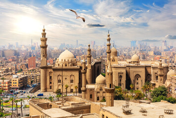Seagull flies by The Mosque-Madrassa of Sultan Hassan from the Citadel, Cairo, Egypt - obrazy, fototapety, plakaty