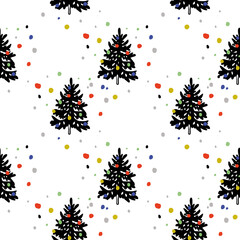Vector minimalistic pattern with christmas fir tree, colorful balls on white background. perfect for textile, wrapping.