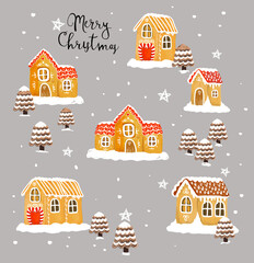 Christmas gingerbread houses with fir tree and snow cute hand drawn watercolor illustration.
