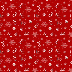 Red seamless pattern with white Ho Ho Ho words. Santa laughing - funny hand drawn doodle, seamless pattern. Lettering poster or t-shirt textile graphic design. / wallpaper, wrapping paper, background.