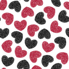 Seamless pattern with red and black hearts. Holiday print. Vector hand drawn illustration.