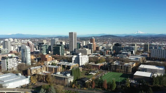 Downtown Portland Oregon on a Sunny Day Looking East Towards Mt. Hood
