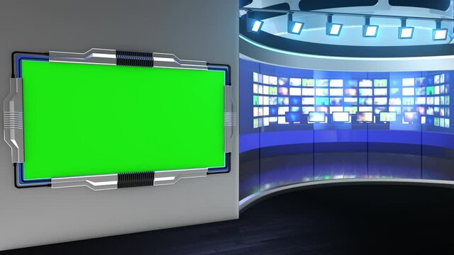 News Studio. Studio Background. Newsroom bakground. The perfect backdrop for any green screen or chroma key video production. Loop. 3D rendering.