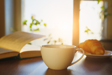 drinking coffee and reading books in the morning, breakfast