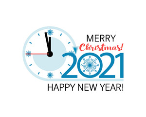 Holiday time. 2021 NEW YEAR. Vector clock face icon. Laconic design for calendar, message, poster with Merry Christmas, Happy New Year. Flat minimalistic style. Vector illustration