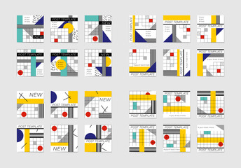 Big set of social media post templates. Flat geometric pattern in blue, white, yellow and red colors.