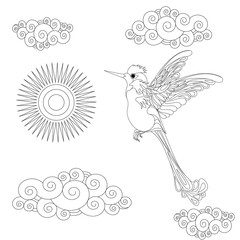 Vector illustration of hummingbird or colibri in the sky isolated on white background for coloring,  monochrome