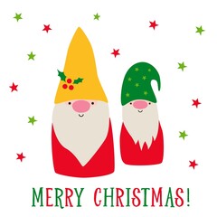 Greeting card with cute cartoon Christmas gnomes