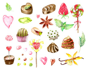 Set of bright watercolor clipart: sweets, spices, candies and hearts. Perfect for candyshop design, cards, stickers