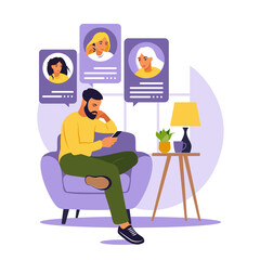 Man sitting on sofa with phone. Friends talking on phone. Dating app, application or chat concept. Flat style. Vector illustration isolated on white.