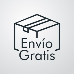 Icono caja de cartón con texto Envío Gratis en español con lineas en fondo gris