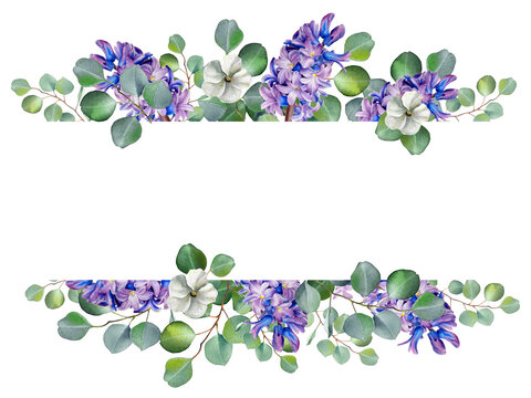 Watercolor floral illustration. Eucalyptus, hyacinth, jasmine flower. Spring design for  for wedding stationary, greetings,  fashion, background.