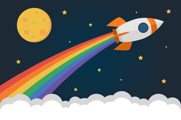 Rocket flies into space and emits smoke in the colors of the rainbow. Copy space for design or text. Flat vector illustration