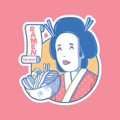 Geisha with a bowl of ramen vector illustration. Food, brand, traditional design concept.