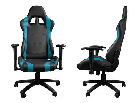 Front and side view of black and blue leather racing car design gaming chair isolated on white background