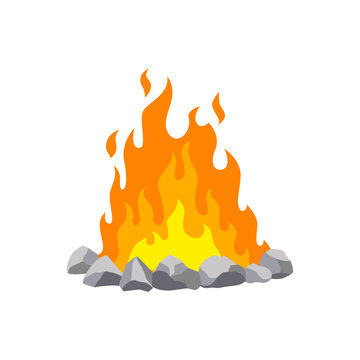 Fireplace campfire. Burning fire travel and adventure symbol. Vector bonfire or woodfire in cartoon flat style. A tourist bonfire in the stone border