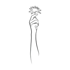 Hand with flower in one line. Black line vector illustration on white background