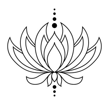 Lotus icon. Monochrome blooming flower. Black linear petals of plant on white background. Blossom, aquatic plant vector element for web. Coloring style