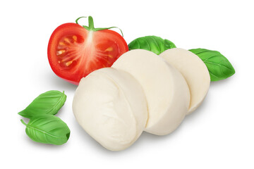 Mozzarella cheese sliced with basil leaf and tomato isolated on white background with clipping path and full depth of field