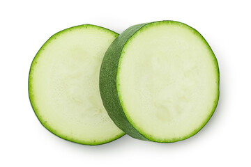 Fresh sliced zucchini isolated on white background with clipping path and full depth of field. Top view. Flat lay