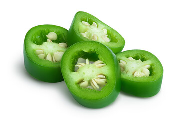 sliced jalapeno pepper isolated on white background. Green chili pepper with clipping path and full...
