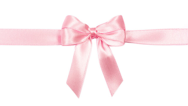 Beautiful pink ribbon with bow isolated on white background.