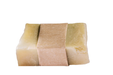 Natural herbal handmade soaps with empty wrapper isolated on white