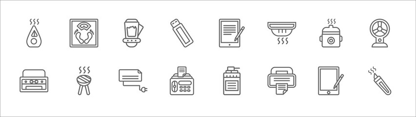 outline set of electronic devices line icons. linear vector icons such as weighing, blender, book reader, crock-pot, electric fan, copy machine, bbq grill, electric blanket, fax machine, fax,
