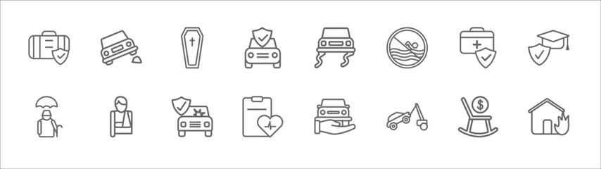 Obraz premium outline set of insurance line icons. linear vector icons such as stone on the road, coffin, slippery road, medical insurance, education insurance, elderly, broken arm, frontal crash, wellness, towed