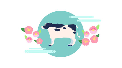 牛と和風な花と模様のイラスト素材