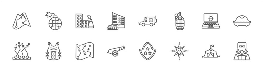 outline set of army line icons. linear vector icons such as bombs, industrial building, ambulance, robber, ovni military transport, group union military strategy, bulletproof vest, militar strategy, © Digital Bazaar