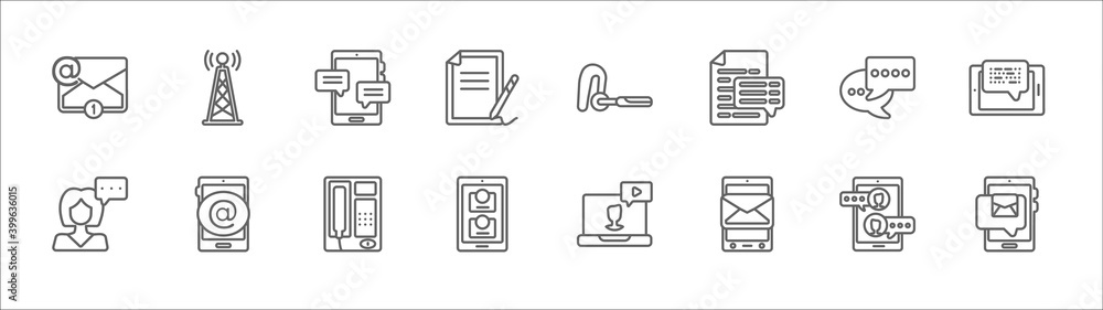 Poster outline set of communication line icons. linear vector icons such as transmitter, mobile chat, hands
