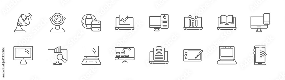 Poster outline set of computer line icons. linear vector icons such as round webcam, internet server, compu