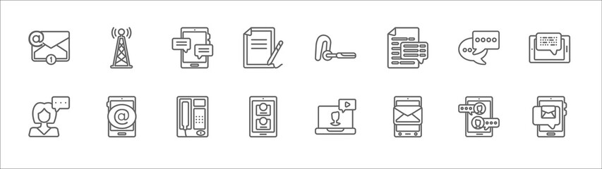 outline set of communication line icons. linear vector icons such as transmitter, mobile chat, hands free, chat bubble, morse code, speaking, arroba, public phone, contacts, mobile with envelope, © Digital Bazaar