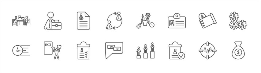 outline set of human resources line icons. linear vector icons such as career, curriculum vitae, multitask, earnings, work team, urgent, exit interview, skills, language, approved, salary