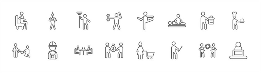 Fototapeta na wymiar outline set of humans line icons. linear vector icons such as showering, painter with paint roller, sportsmen, worker with notepad, kitchen chef, begging, construction worker, public work, give