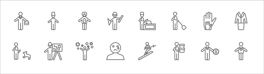 outline set of people line icons. linear vector icons such as tall hat, protective suit, vet with cat, hand of an adult, women suit, dog trainer, architect, man partying, sad smile, men carrying a