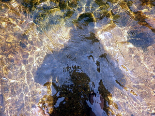 Photographer shadow on water at golden river Rathgaga,Rathnapura, Sri lanka