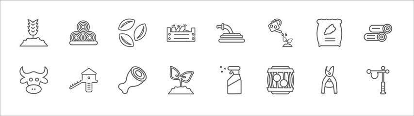 outline set of agriculture farming line icons. linear vector icons such as hay roll, seed, hose, fertilizer, wood logs, ox, chicken coop, meat, planting, barrell, lamppost © Digital Bazaar