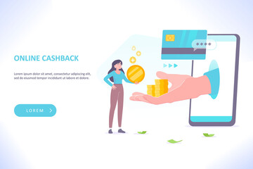 Online cashback concept. A hand holding coin stack comes out of smartphone screen, customer making payment with credit or debit card and earns cash back money, vector illustration