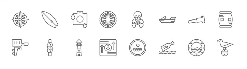 outline set of nautical line icons. linear vector icons such as surfboard, water resist camera, skull and bones, nautical monocular, big barrel, boat engine, knot, lighthouse, sea package, message