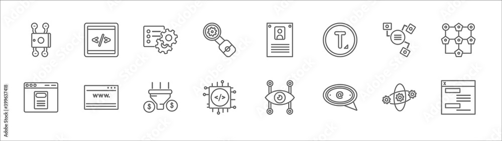 Poster outline set of technology line icons. linear vector icons such as front end, attributes, user person