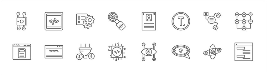 outline set of technology line icons. linear vector icons such as front end, attributes, user persona, structural elements, frameworks, declarations, web apps, sales funnel, embedding, mentions,