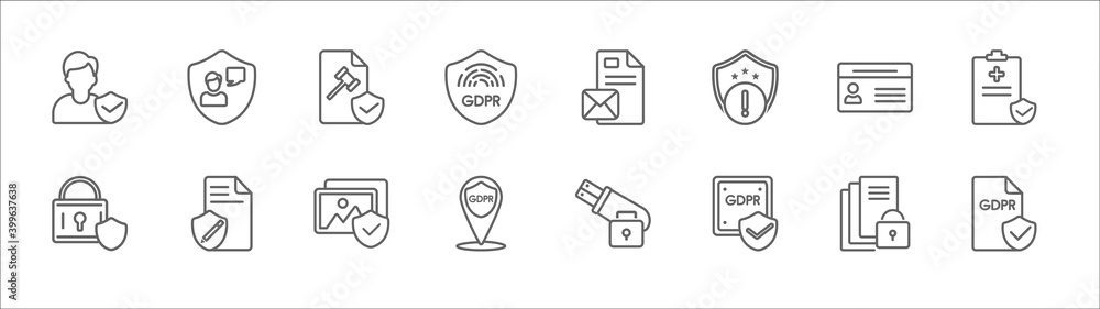 Poster outline set of gdpr line icons. linear vector icons such as profiling, code of conduct, communicatio
