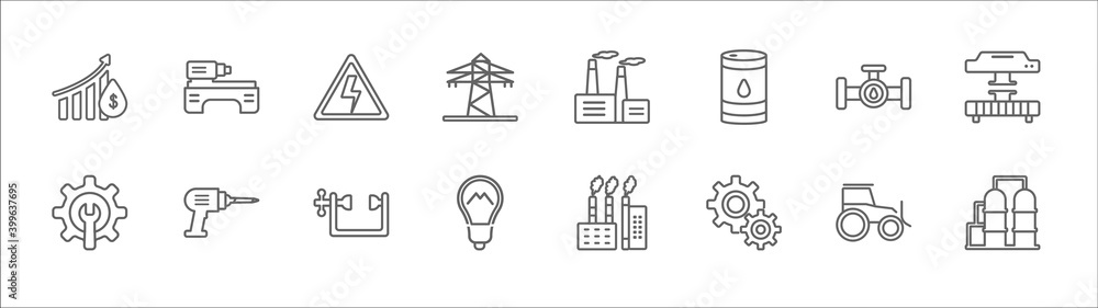 Poster outline set of industry line icons. linear vector icons such as lathe machine, danger, factory build